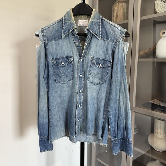 VTG 60s Wrangler Preshrunk Distressed Pearl Snap Western Denim Shirt Sanforized